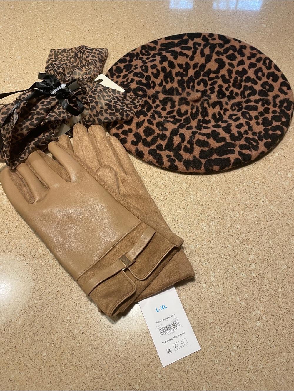Leather and Suede Tan Gloves with Leopard Beret and Claw Clip